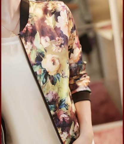 Stand Collar Long Sleeve Zipper Floral Printed Bomber Jacket - Floral - Image 2