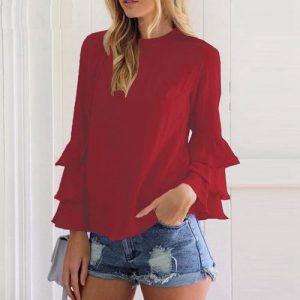 Ruffle Long Sleeve Casual Top Blouse Plus Size Chiffon T Shirt - Wine Red