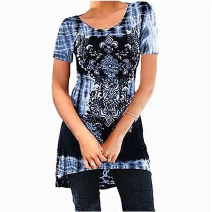 Plus Size Women Fashion Sexy O-neck Short Sleeve Printing Tie Dye Top