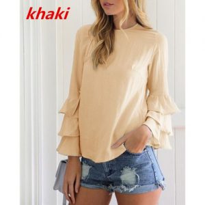 Ruffle Long Sleeve Casual Top Blouse Plus Size Chiffon T Shirt - Khaki