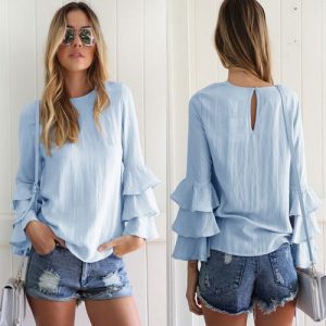 Ruffle Long Sleeve Casual Top Blouse Plus Size Chiffon T Shirt - Sky Blue