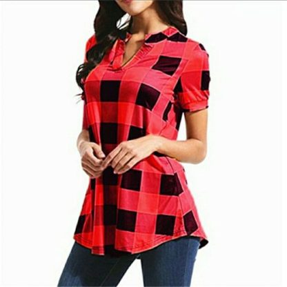 Short Sleeve Lattice Print Plus Size Casual Shirt Loose Blouse