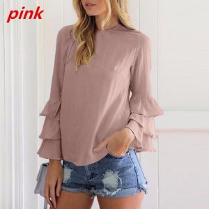 Ruffle Long Sleeve Casual Top Blouse Plus Size Chiffon T Shirt - Pink