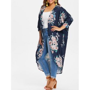 Plus Size Print Open Front Coat - Cadet Blue