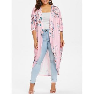 Plus Size Print Open Front Coat - Light Pink