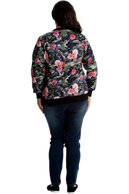 Plus Size Bomber Jacket Ladies Camouflage Floral Print Coat Long Sleeve Ribbed Zip Closure - Khaki - Image 2