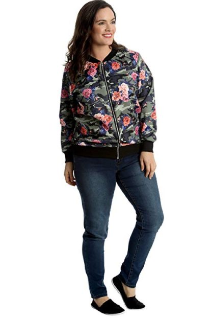 Plus Size Bomber Jacket Ladies Camouflage Floral Print Coat Long Sleeve Ribbed Zip Closure - Khaki - Image 3