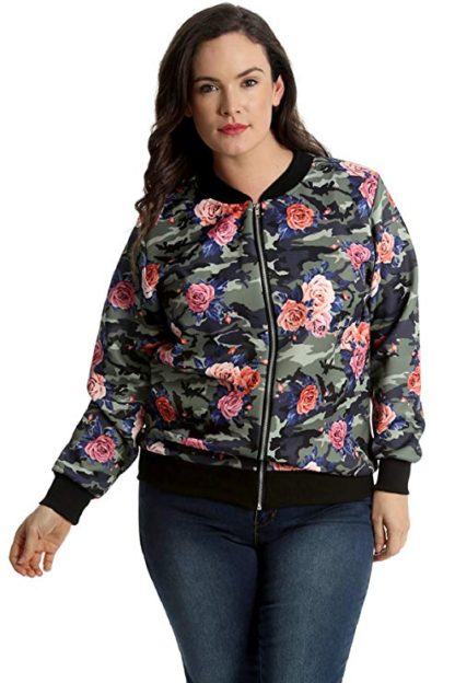 Plus Size Bomber Jacket Ladies Camouflage Floral Print Coat Long Sleeve Ribbed Zip Closure - Khaki