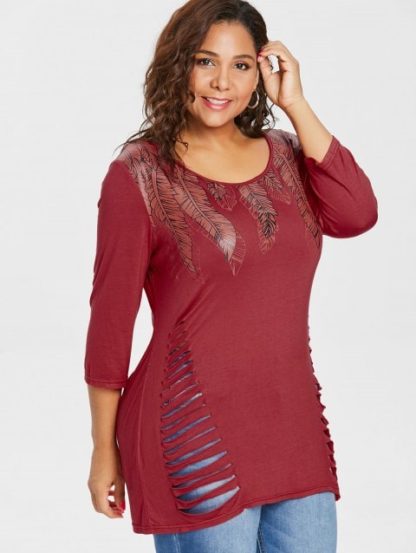 Plus Size Feather Pattern Ripped T-shirt - Red - Image 6