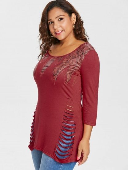 Plus Size Feather Pattern Ripped T-shirt - Red - Image 5