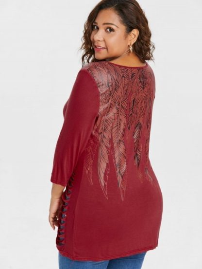 Plus Size Feather Pattern Ripped T-shirt - Red - Image 3