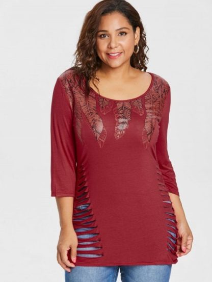 Plus Size Feather Pattern Ripped T-shirt - Red - Image 7