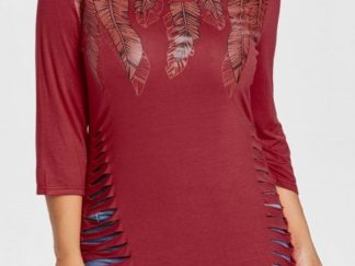 Plus Size Feather Pattern Ripped T-shirt - Red