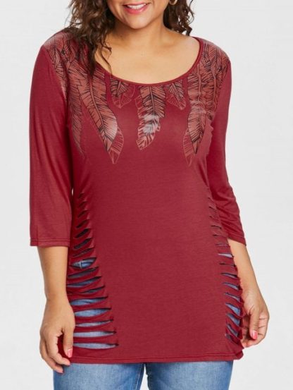 Plus Size Feather Pattern Ripped T-shirt - Red