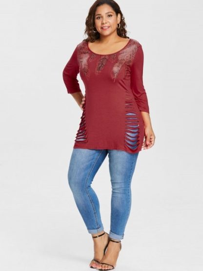 Plus Size Feather Pattern Ripped T-shirt - Red - Image 2