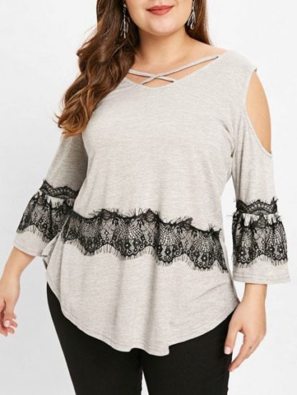 Plus Size Criss Cross V Neck T-shirt - Light Gray