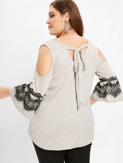 Plus Size Criss Cross V Neck T-shirt - Light Gray - Image 3