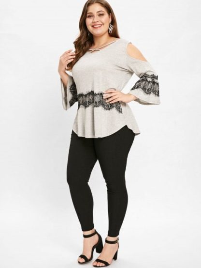 Plus Size Criss Cross V Neck T-shirt - Light Gray - Image 2
