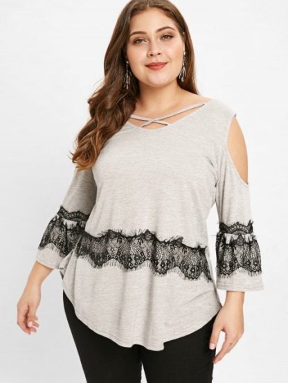Plus Size Criss Cross V Neck T-shirt - Light Gray - Image 4