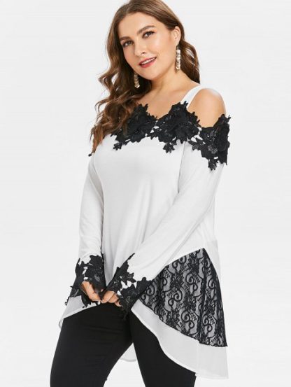 Plus Size Cold Shoulder High Low T-shirt - White - Image 5