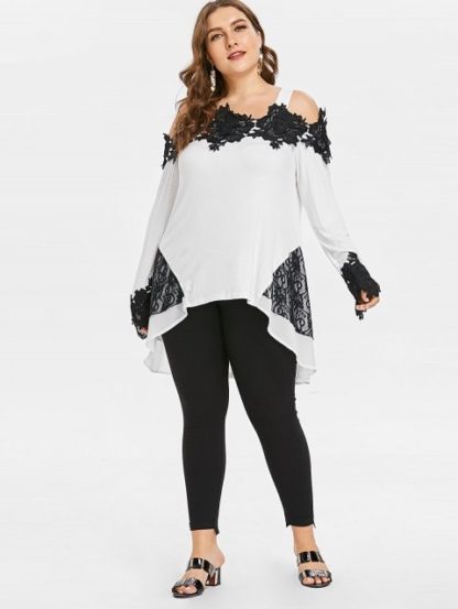 Plus Size Cold Shoulder High Low T-shirt - White - Image 2