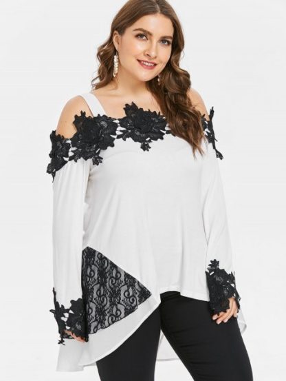 Plus Size Cold Shoulder High Low T-shirt - White - Image 6