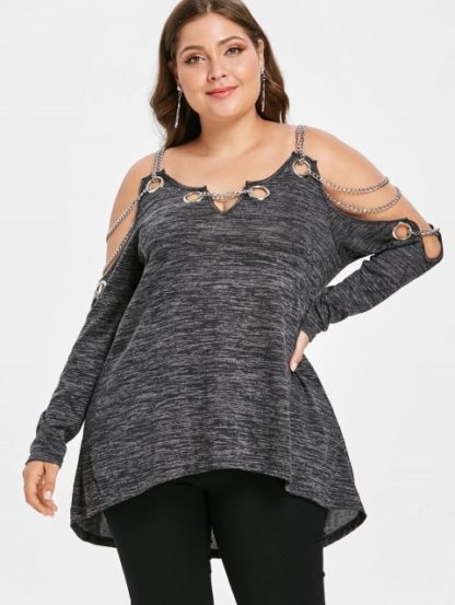 Plus Size High Low Chains Decorated Tee - Dark Gray - Image 7