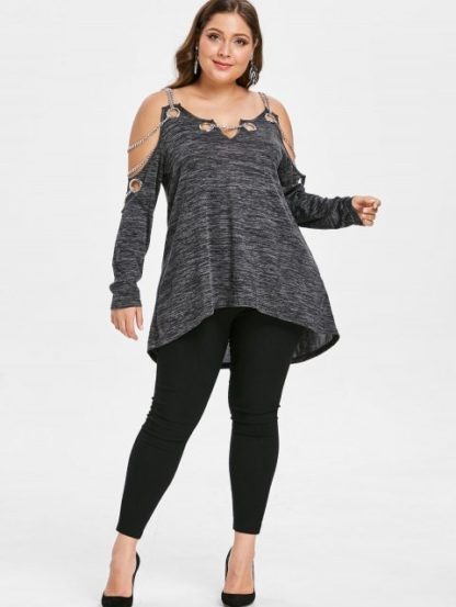 Plus Size High Low Chains Decorated Tee - Dark Gray - Image 5