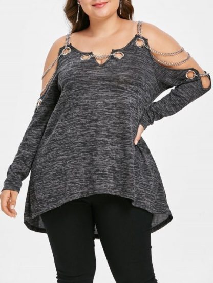 Plus Size High Low Chains Decorated Tee - Dark Gray