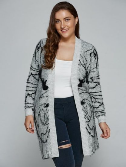 Plus Size Print Thick Sweater Cardigan - Gray - Image 6