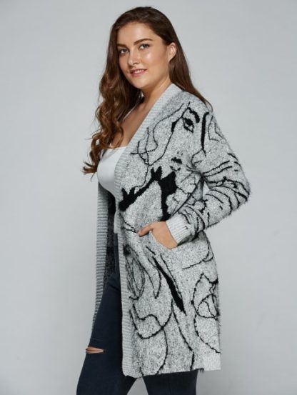 Plus Size Print Thick Sweater Cardigan - Gray - Image 4