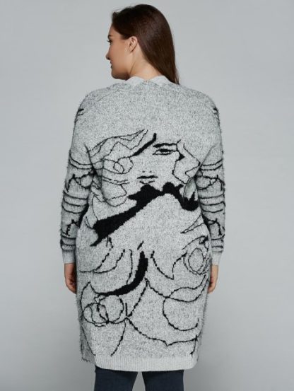 Plus Size Print Thick Sweater Cardigan - Gray - Image 3