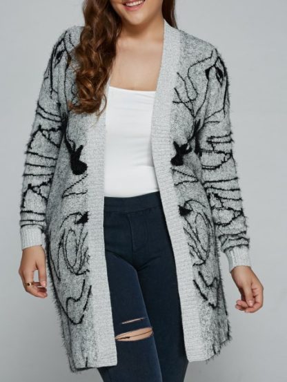 Plus Size Print Thick Sweater Cardigan - Gray