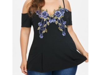 Plus Size Off Shoulder Spaghetti Strap T-shirt - Black