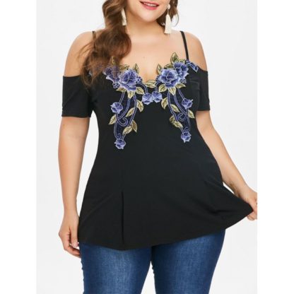 Plus Size Off Shoulder Spaghetti Strap T-shirt - Black