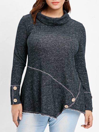 Turtleneck Plus Size Button Detail Asymmetrical T-shirt - Dark Gray