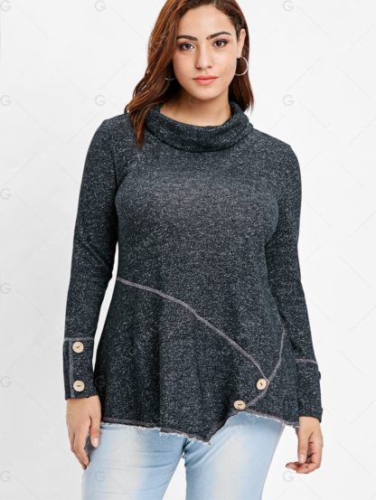 Turtleneck Plus Size Button Detail Asymmetrical T-shirt - Dark Gray - Image 2