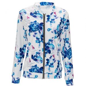 Plus Size Print Floral Coat Casual Zipper Basic Coat-Jacket - Blue
