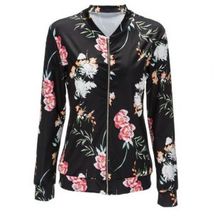 Plus Size Print Floral Coat Casual Zipper Basic Coat-Jacket Black