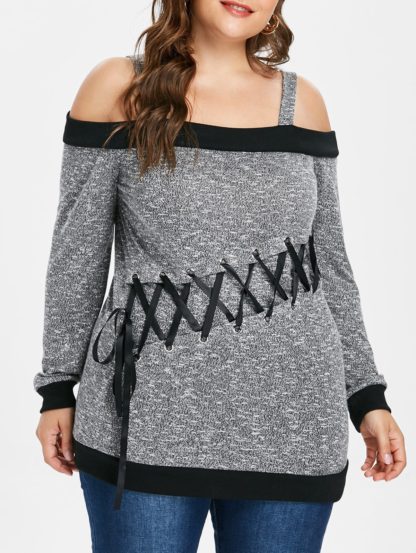 Plus Size Cold Shoulder Lace Up T-shirt - Gray