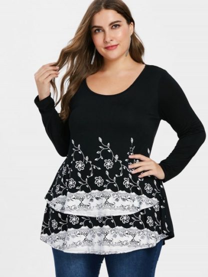 Plus Size Floral High Low T-shirt - Black - Image 4