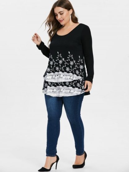 Plus Size Floral High Low T-shirt - Black - Image 2