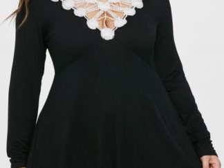 Plus Size Lace Crochet Trim Long Sleeve T-shirt - Black