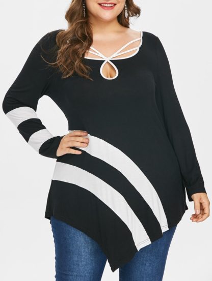 Plus Size Striped Asymmetric T-shirt - Black