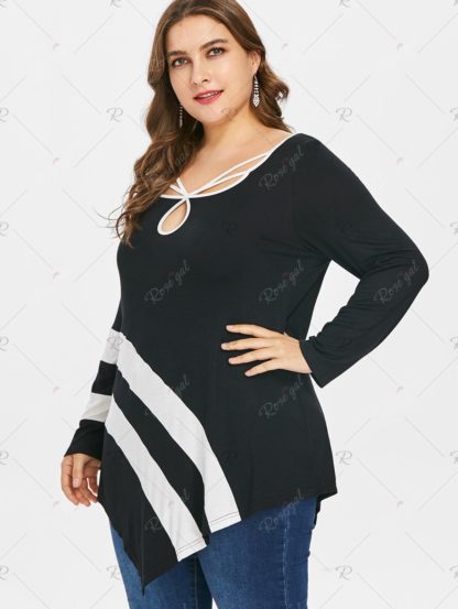 Plus Size Striped Asymmetric T-shirt - Black - Image 5