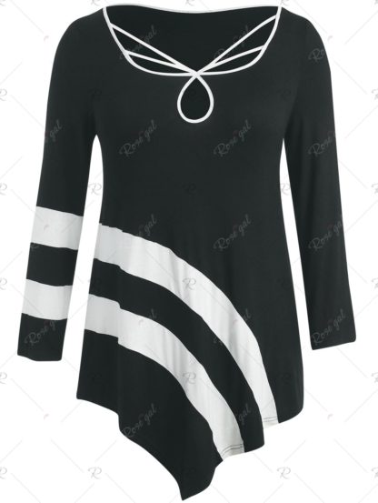 Plus Size Striped Asymmetric T-shirt - Black - Image 2