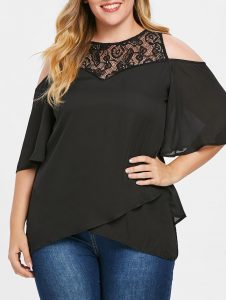 Plus Size Lace Cold Shoulder Overlap Blouse - Black