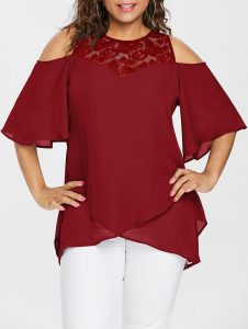 Plus Size Lace Cold Shoulder Overlap Blouse - Red