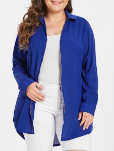 Turn Down Collar Plus Size Zip Embellished Blouse - Blue