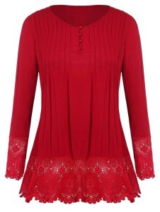Button Detail Plus Size Lace Panel T-shirt - Red